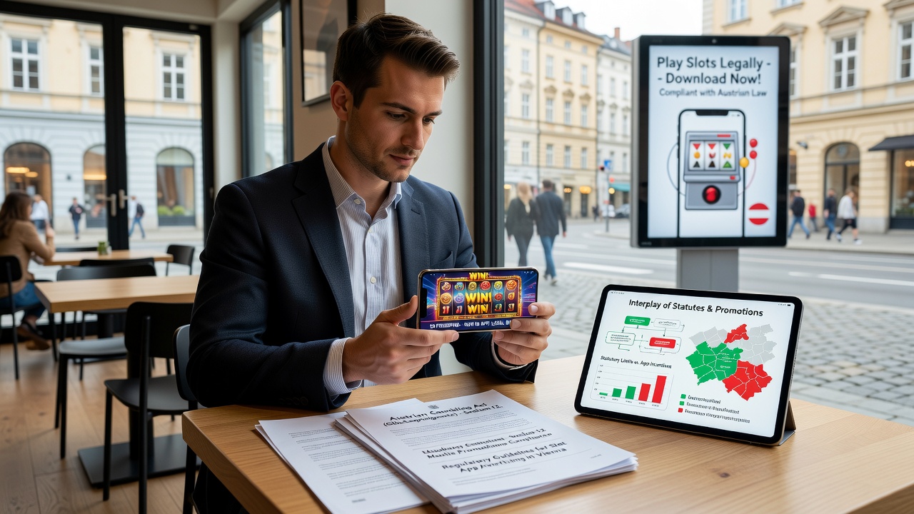 Mobile device displaying slot game promotions under regulatory oversight in Vienna